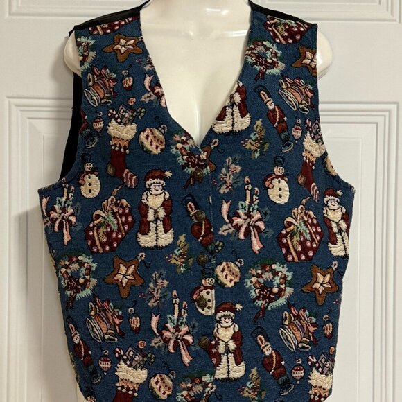 Bobbi Brooks Santa Snowman Vest Sz Medium Tapestry Holidays Festive - Picture 1 of 7